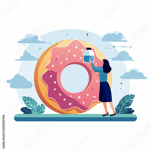 Woman Adding Water to Giant Donut