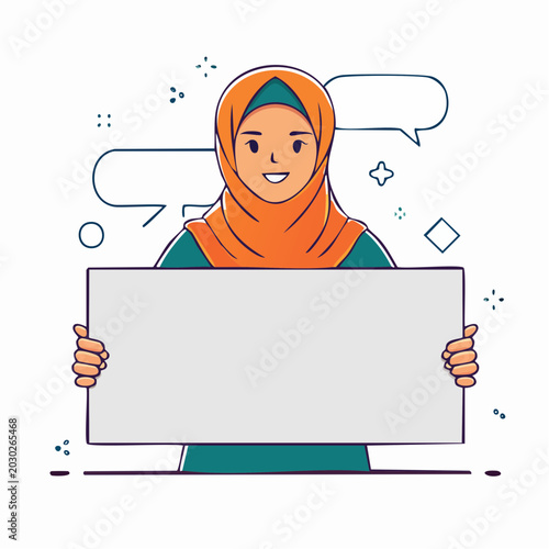 Woman in Hijab Holding Blank Sign with Speech Bubbles