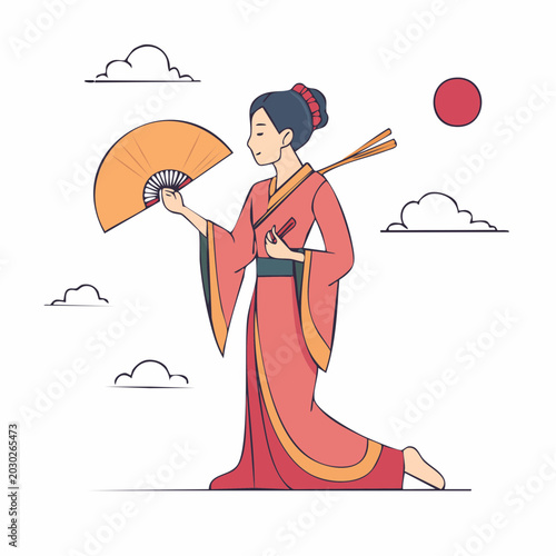Woman in Traditional Japanese Kimono Holding a Fan