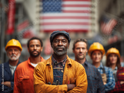 Labor day us worker construction team portrait american flag industry unity labor day us worker portrait with american flag background