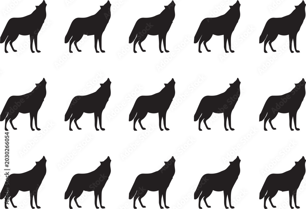 Fototapeta premium Black Wolf Silhouette Collection - Set of 15 Howling Wolf Vector Illustrations in a Grid Pattern for Wildlife Logos, Nature Designs, Forest Animal Stencils, and Wilderness Art Projects