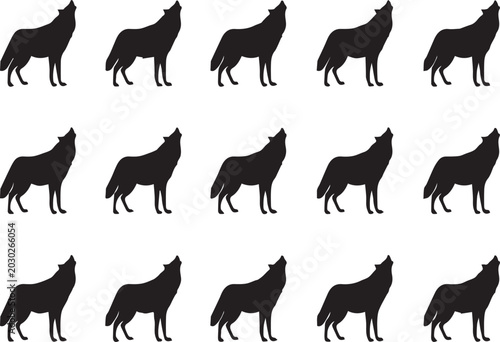 Fotografia Black Wolf Silhouette Collection - Set of 15 Howling Wolf Vector Illustrations i