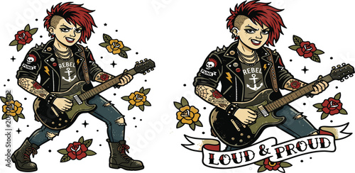 Slika na platnu Punk Rock Guitarist Character Illustration Featuring Rebel Musician with Electri