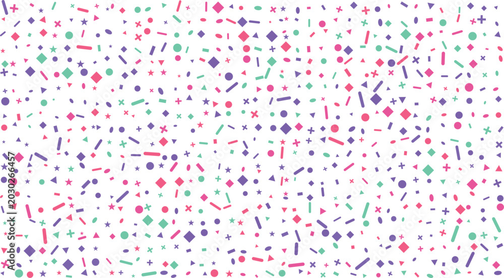 Fototapeta premium A cheerful array of tiny geometric shapes such as squares and triangles spread across a bright white space