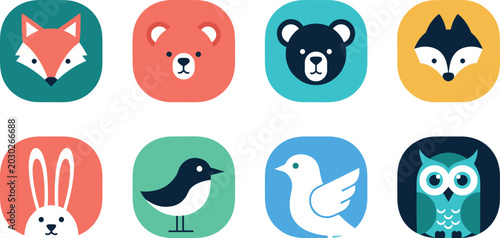 Flat animal avatar icon set featuring fox bear rabbit bird dove and owl in colorful rounded app interface style