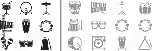 Schilderij op canvas Percussion instrument vector icons set featuring drums tambourine maracas xyloph