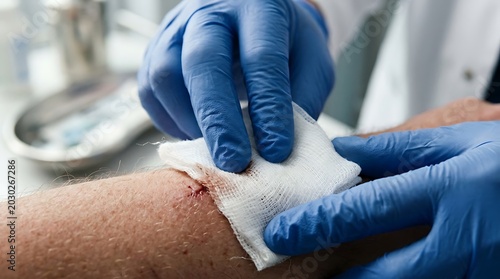 Medical Professional Caring for Wounded Arm with Bandage in Clinical Setting