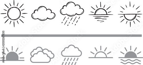 Weather icon set with hand drawn and minimalist vector designs of sun cloud rain and sunset for forecast design