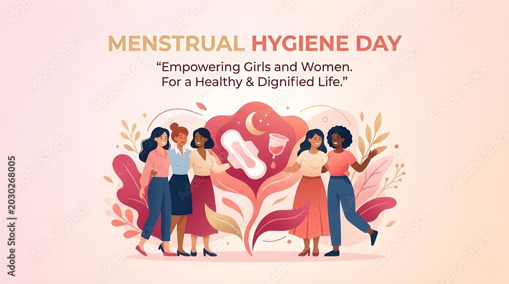 Obraz premium Menstrual Hygiene Day Banner, Flat Vector Illustration of a Diverse Group of Women Supporting Empowerment with Sanitary Pads, Menstrual Cup, and Period tracking Background