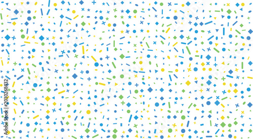 Photos Countless small geometric shapes like circles, squares, and stars in blue, green