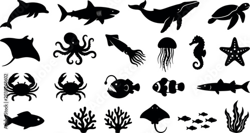 Collection of Sea Animals and Marine Life Black Silhouettes on White Background