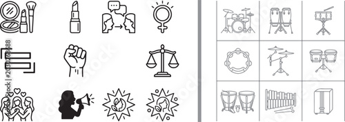 Vector icon set collection featuring feminism women rights beauty and musical percussion instruments line icons