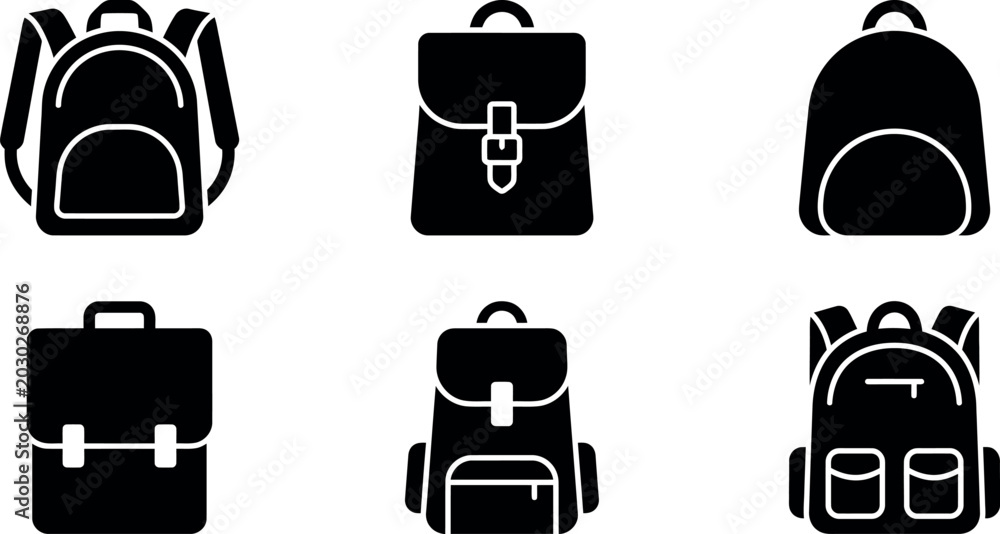 Fototapeta premium School Backpack Silhouette Set Black Vector Collection