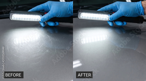 Before and after comparison of car paint correction using an inspection light to show swirl marks and a polished surface.