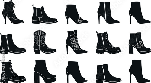 Tableau sur toile Black Women Boot Silhouette Icon Set Minimal Vector Illustration For Fashion Foo