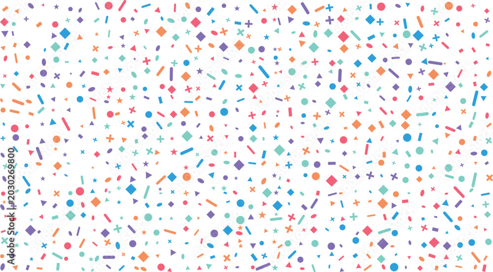 Fototapeta premium Various colorful geometric shapes are randomly scattered across a clean white background, creating a joyful party pattern