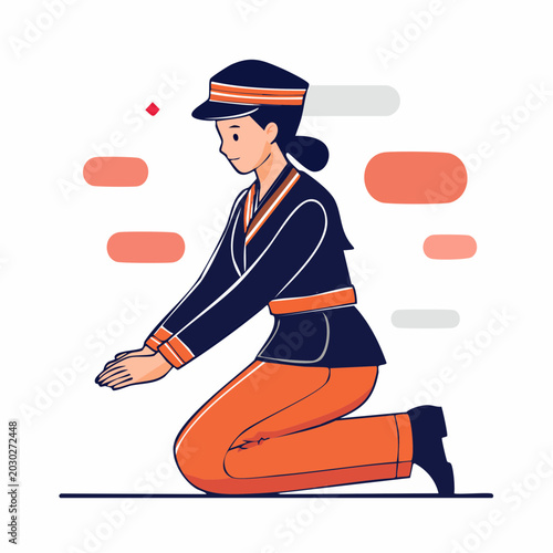 Woman in uniform kneeling and bowing