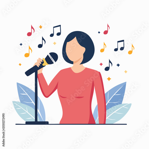 Woman Singing into Microphone with Musical Notes
