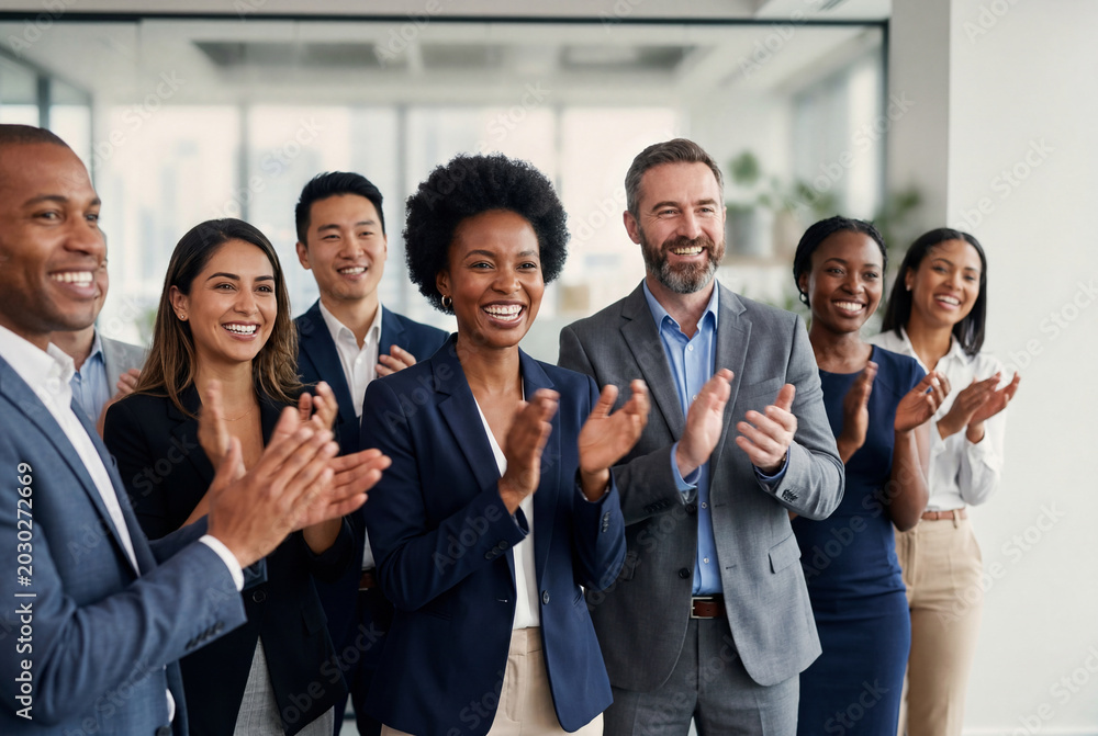 Obraz premium Diverse business team clapping hands in modern office conference room celebrating success