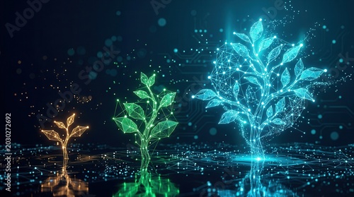 Digital plant sprouts showing growth stages from startup to a scaled enterprise.