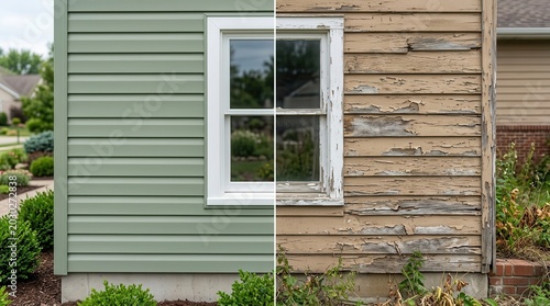 Comparison of old weathered wood siding and new vinyl siding around a window sill.