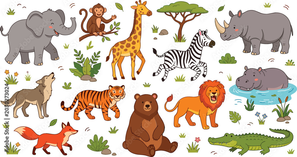 Obraz premium Collection of Cute Wild Animal Characters with Safari and Forest Creatures for Kids Educational Vector Design Projects