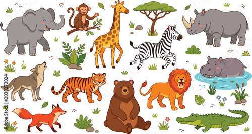 Canvas Print Collection of Cute Wild Animal Characters with Safari and Forest Creatures for K