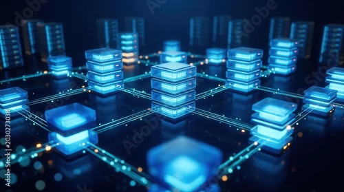Fototapeta Database migration visualization with network topology and flowing data across glowing server stacks.