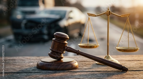 A wooden gavel and brass scales symbolizing the pursuit of civil justice after a car accident.