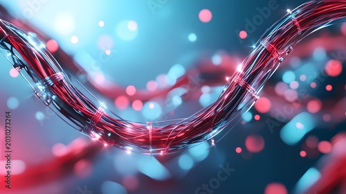 Abstract Wavy Cables with Red and Blue Lights, Data Transmission, Futuristic Technology