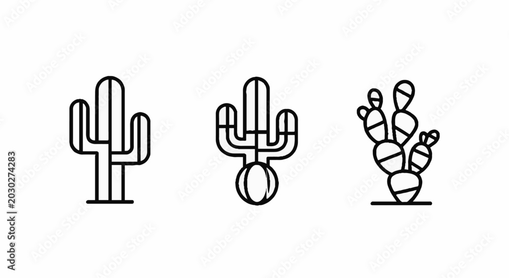Obraz premium Minimalist cactus line icons set for desert theme