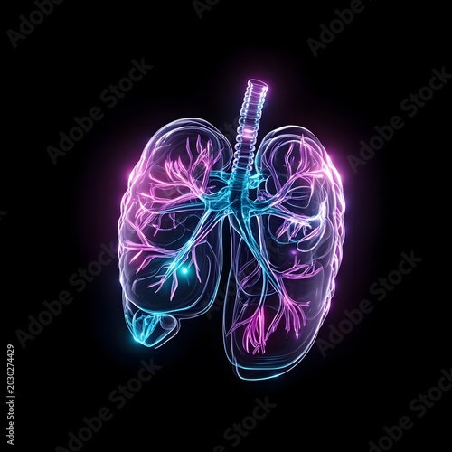 Human Lungs Anatomy Glowing in Neon Blue and Pink, Medical Illustration on Black