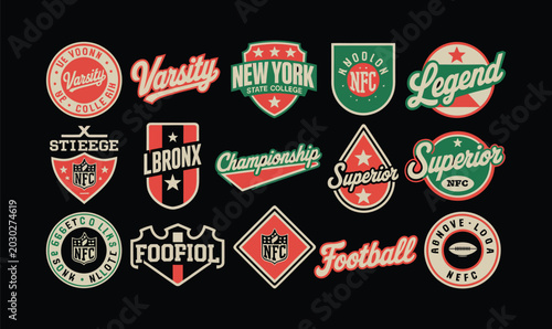 Varsity sports patch emblems vector set for collegiate t-shirt print and team clothing design