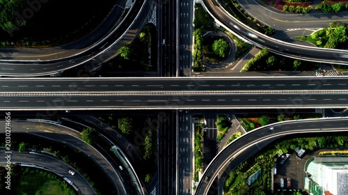 Aerial View of Complex Highway Interchange Surrounded by Lush Greenery and Urban Landscape at Sunset
