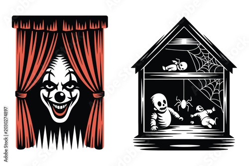 Scary clown behind curtains and haunted house with skeletons and spiders, halloween