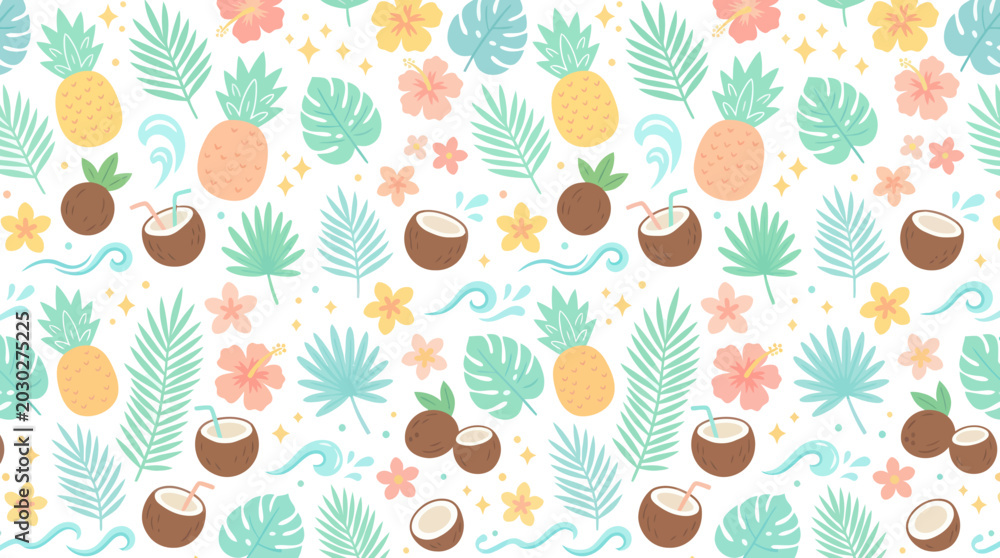 Naklejka premium Tropical Summer Vacation Flat Vector Seamless Pattern with Pineapple, Coconut, Palm Leaf, and Flowers