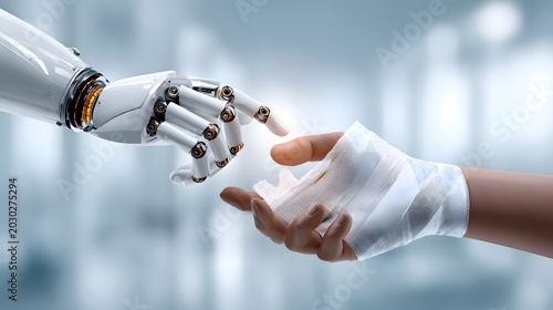 Robot Hand Touching Injured Human Hand with Bandage, Artificial Intelligence Healthcare