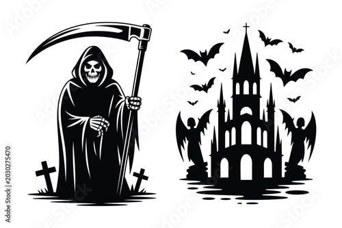 Foto Grim reaper with scythe and haunted castle with bats halloween silhouette