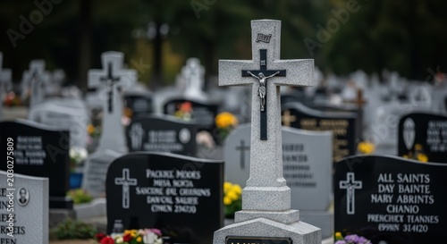 A Christian cross with Jesus' crucifixion on a weathered stone gravestone in a solemn cemetery setting.