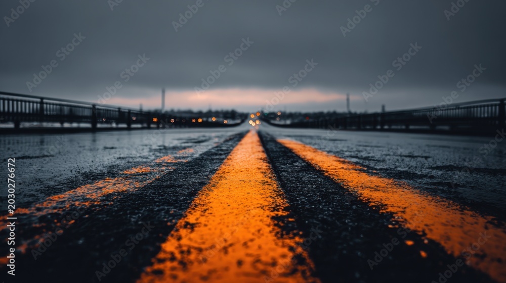 Fototapeta premium Empty Road Lined with Orange Stripes Under Dark Clouds and Rainy Sky at Dusk, Capturing a Sense of Isolation and Adventure