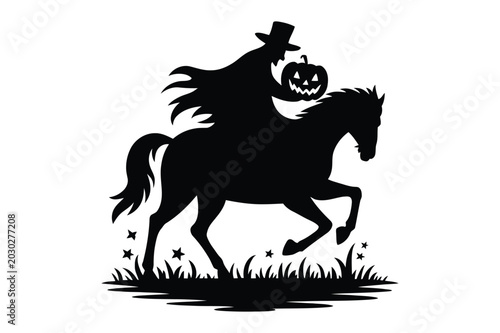 Εκτύπωση καμβά Headless horseman with pumpkin head riding galloping horse on grassy ground, hor