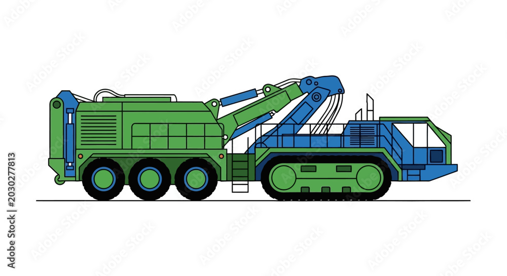 Fototapeta premium Vector illustration of a heavy-duty industrial caterpillar truck with a crane and specialized equipment, perfect for construction and engineering themes