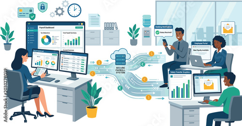 Secure payroll system vector illustration with corporate business office employees receiving digital salary payments via cloud technology network dashboard.