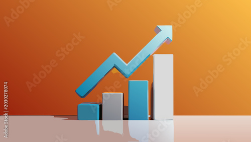 Abstract representation of growth with a blue arrow and bar graph
