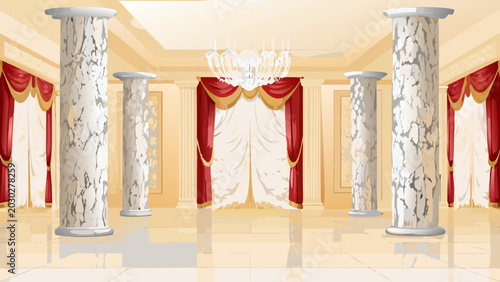 Elegant ballroom interior with marble columns red drapes and a chandelier