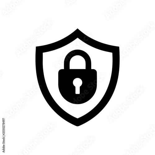 Shield with lock line icon isolated black outline cybersecurity protection symbol for privacy secure access data safety and digital defense concept design