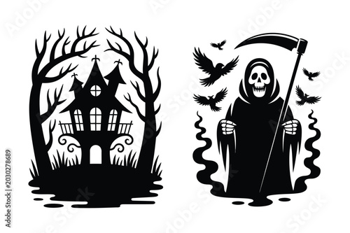 Quadro su tela Haunted house with bare trees and grim reaper with scythe halloween silhouette