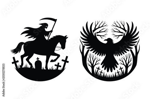 Fotografie Grim reaper on horseback with scythe and flying crow with dead trees silhouette