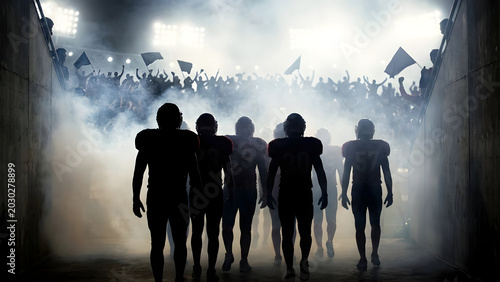Silhouette of a football team walking together onto a foggy stadium field for a championship match