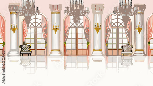 Tableau sur toile Elegant interior with arched windows ornate columns and antique furniture
